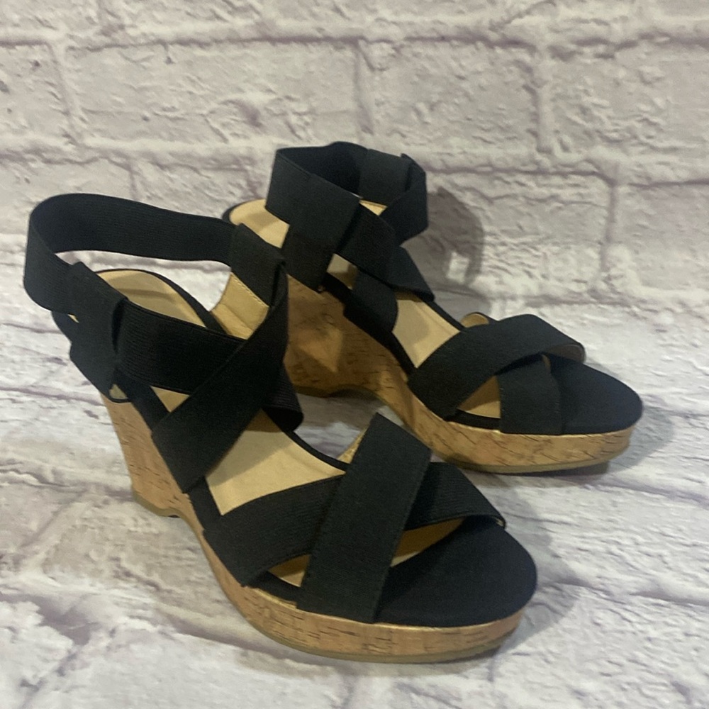 Chinese Laundry Black Platform 4” Wedge Sandals Size 6